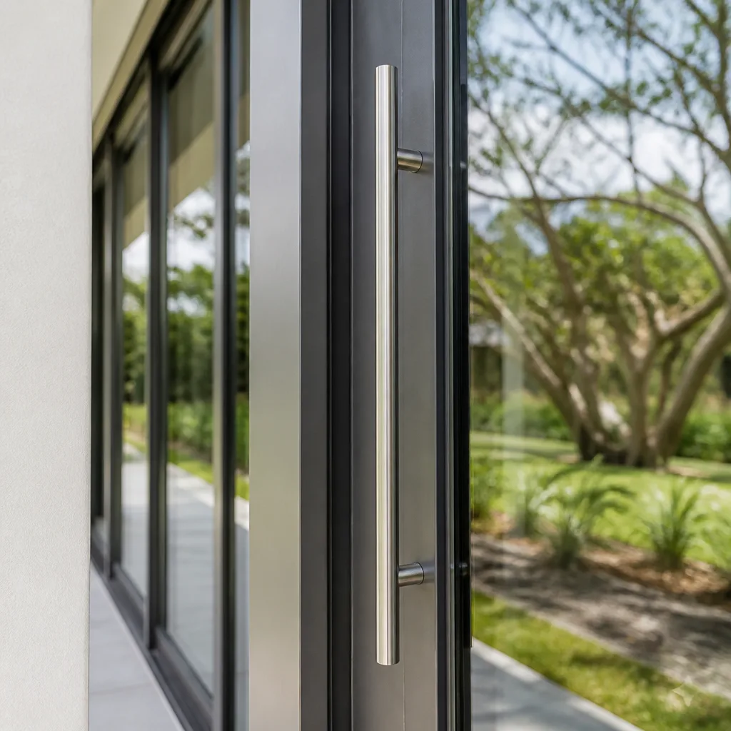 Modern stainless steel door handle on a dark-framed sliding glass door