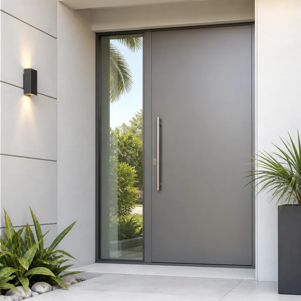 Modern gray front entry door with side glass panel