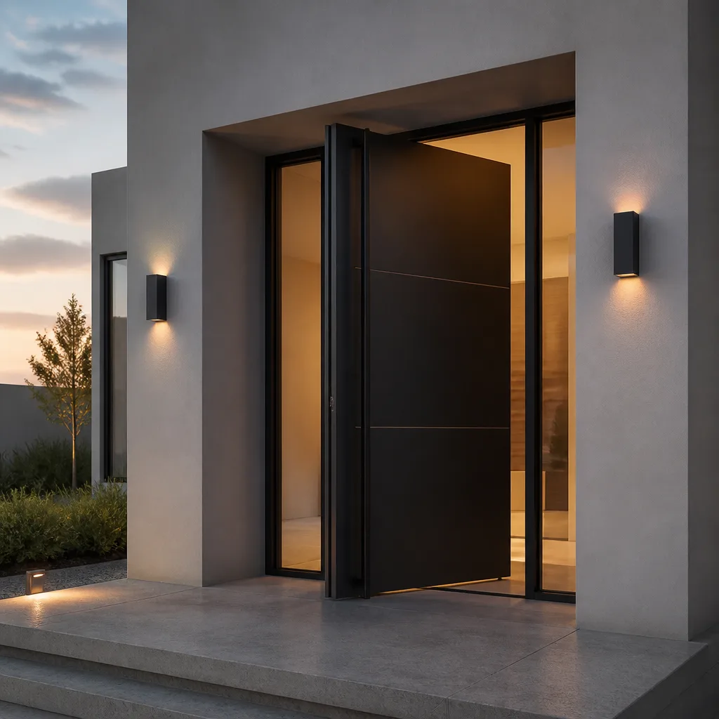 Modern black pivot entry door installed on a contemporary home exterior