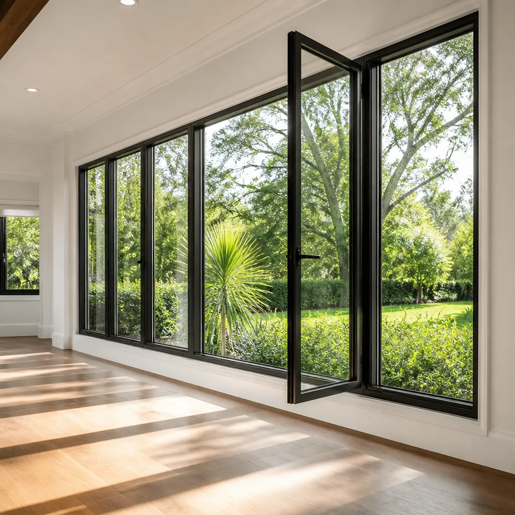 Modern floor-to-ceiling black framed window installation in a bright home interior